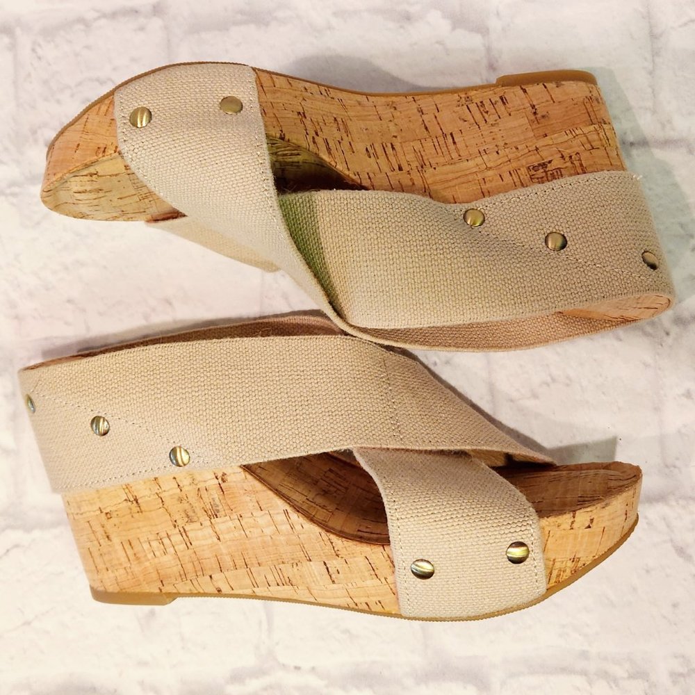 Lucky Brand Beige Wedge Platform Cork Crisscross Sandals Sz 6.5